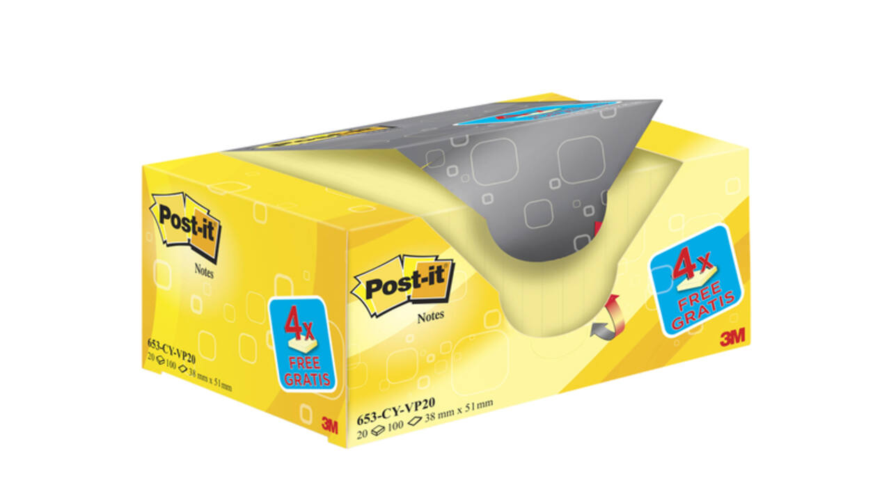 Memoblok 3M Post-it 653 38x51mm geel 16 + 4 gratis