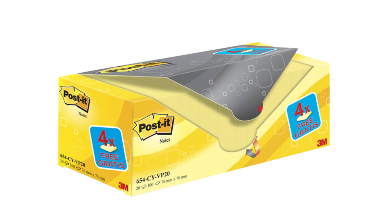 Memoblok 3M Post-it 654 76x76mm geel 16 + 4 gratis
