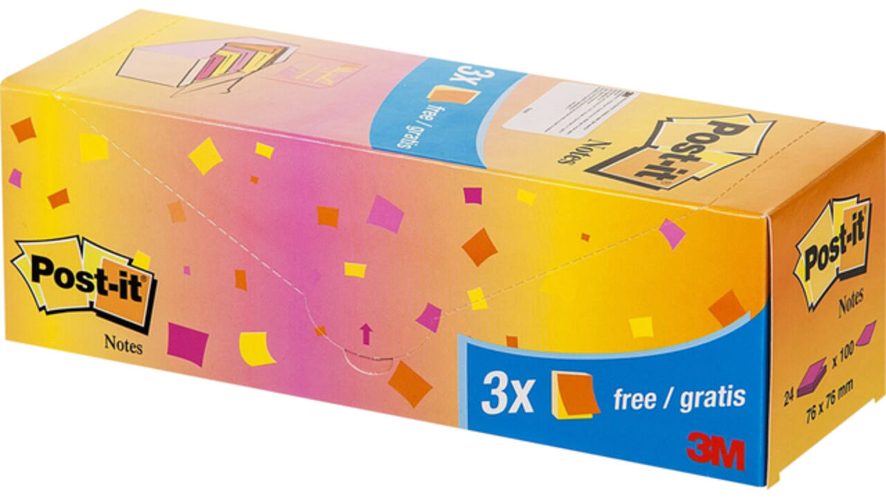 Memoblok 3M Post-it 654 76x76mm neon assorti 21 + 3 gratis