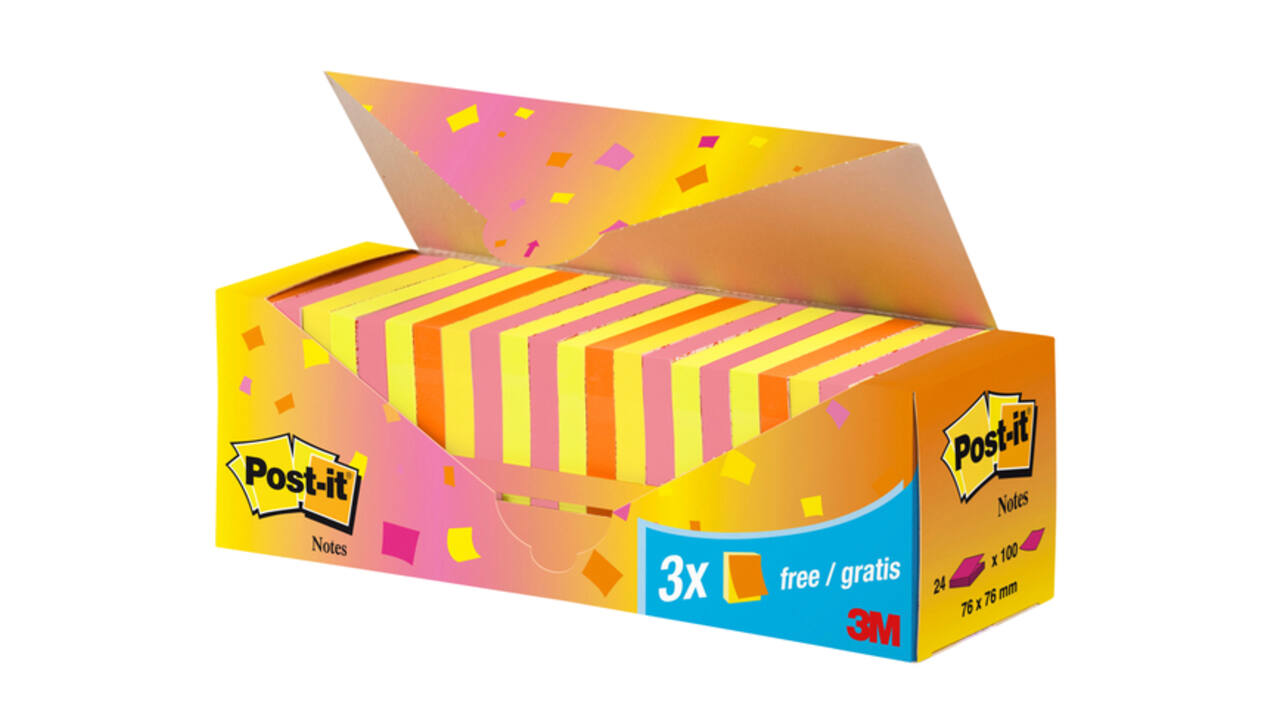 Memoblok 3M Post-it 654 76x76mm neon assorti 21 + 3 gratis