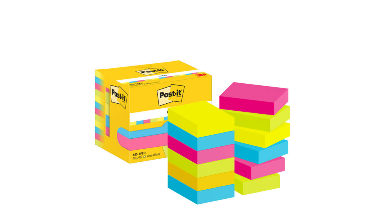 Memoblok 3M Post-it 653 38x51mm neon assorti kleur 12 stuks