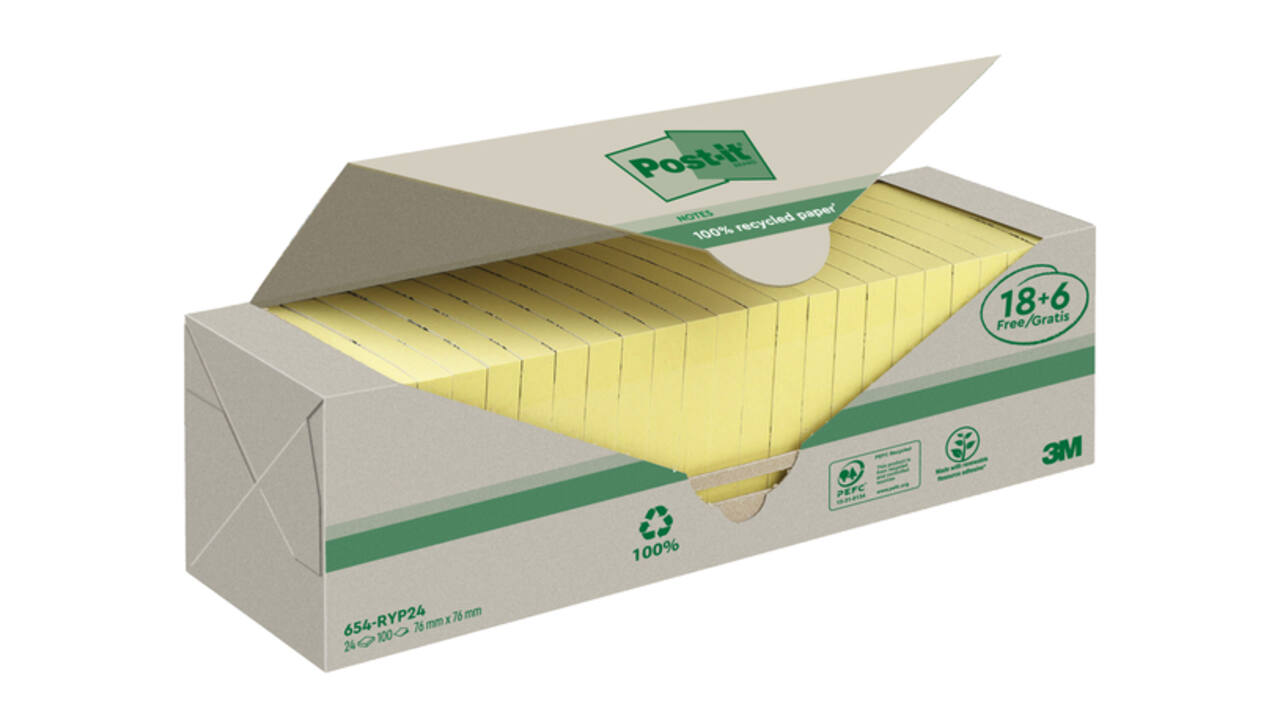 Memoblok 3M Post-it 654 76x76mm recycle geel 18 + 6 gratis