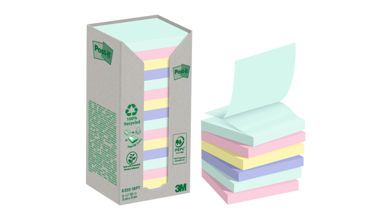 Memoblok 3M Post-it Z-Note R330 76x76mm recycle assorti kleur 16 stuks