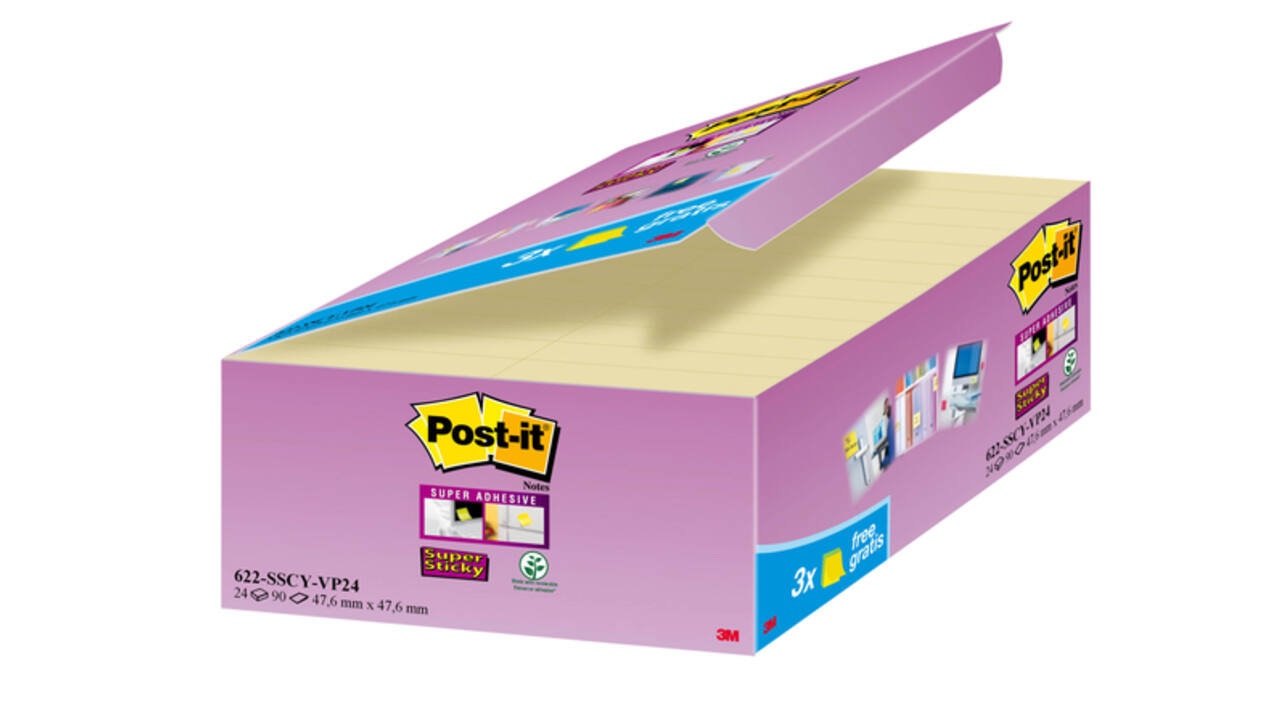 Memoblok 3M Post-it 622 Super Sticky 47.6x47.6mm geel 21 + 3 gratis
