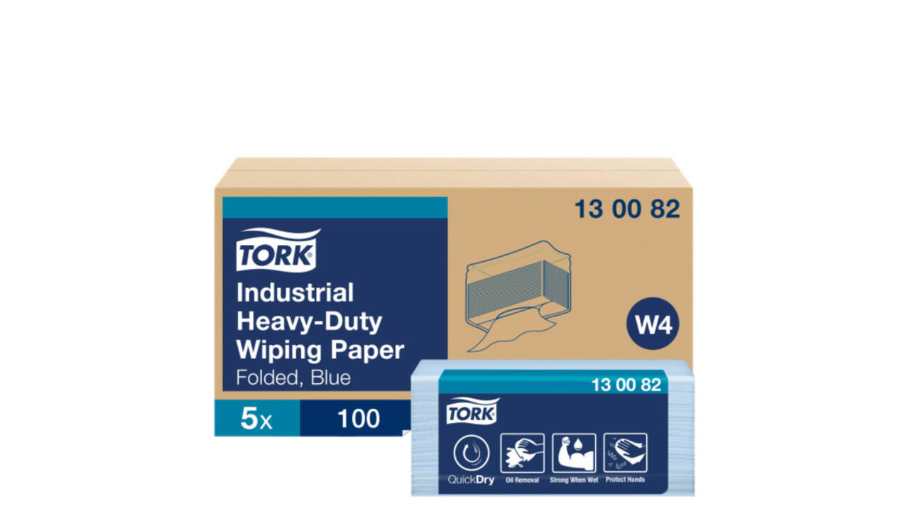 Reinigingsdoek Tork W4 Premium Industrial Heavy-Duty gevouwen 3-laags 5x100 vel blauw 130082