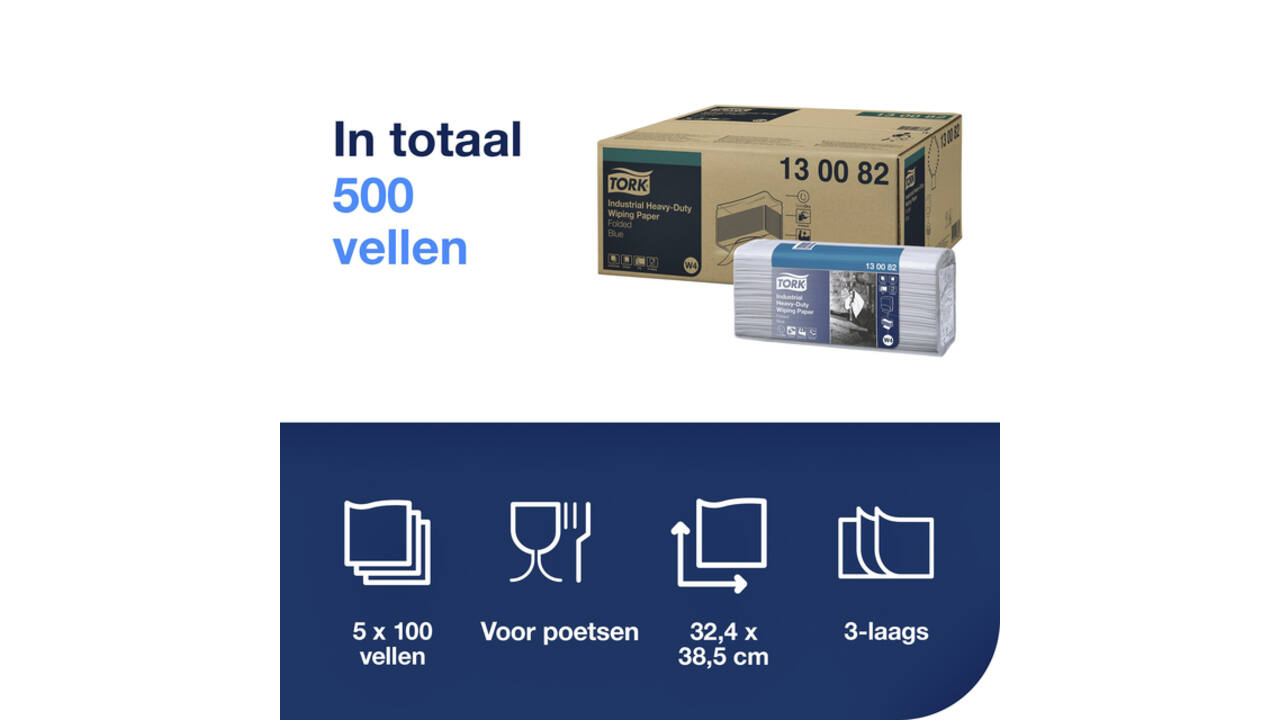 Reinigingsdoek Tork W4 Premium Industrial Heavy-Duty gevouwen 3-laags 5x100 vel blauw 130082