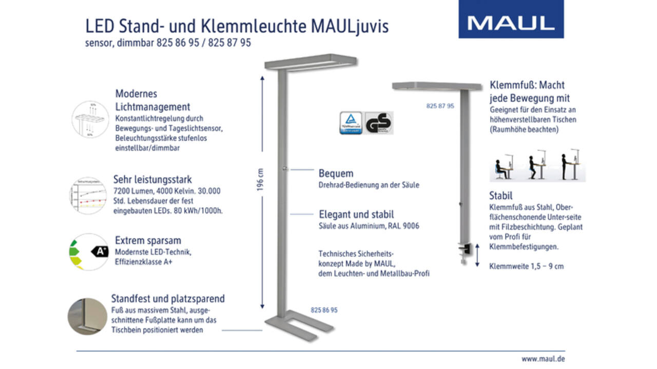 Werkpleklamp tafelklem MAUL Juvis LED beweging- daglichtsensor dimbaar hg 120cm zilver