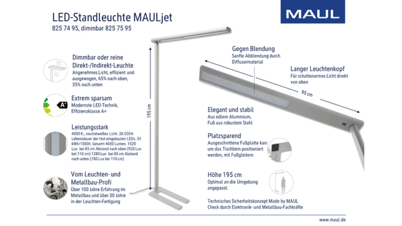 Vloerlamp MAUL Jet LED dimbaar hg 195 cm zilver