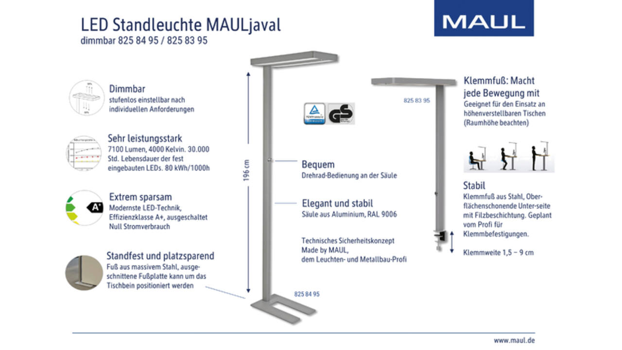 Werkplek tafelklem MAUL Javal LED dimbaar hg 120cm zilver