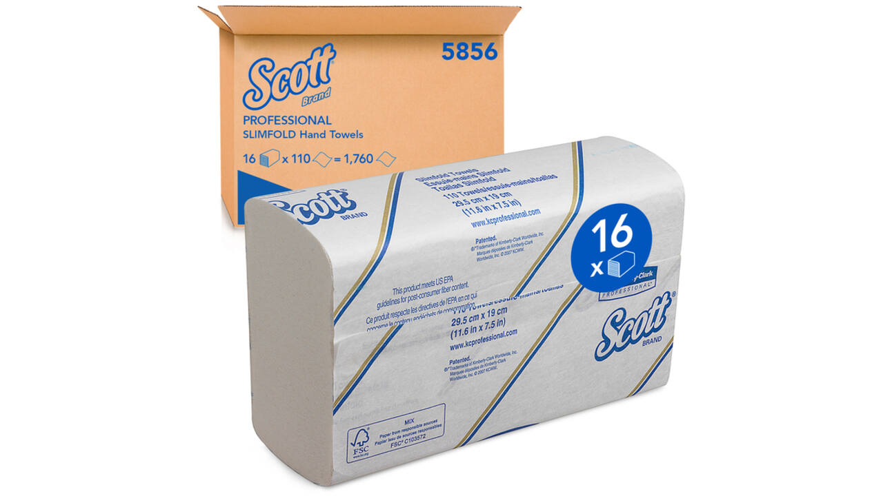 Handdoek Scott Slimfold m-vouw 1-laags 190x300mm 16x110 vel wit 5856