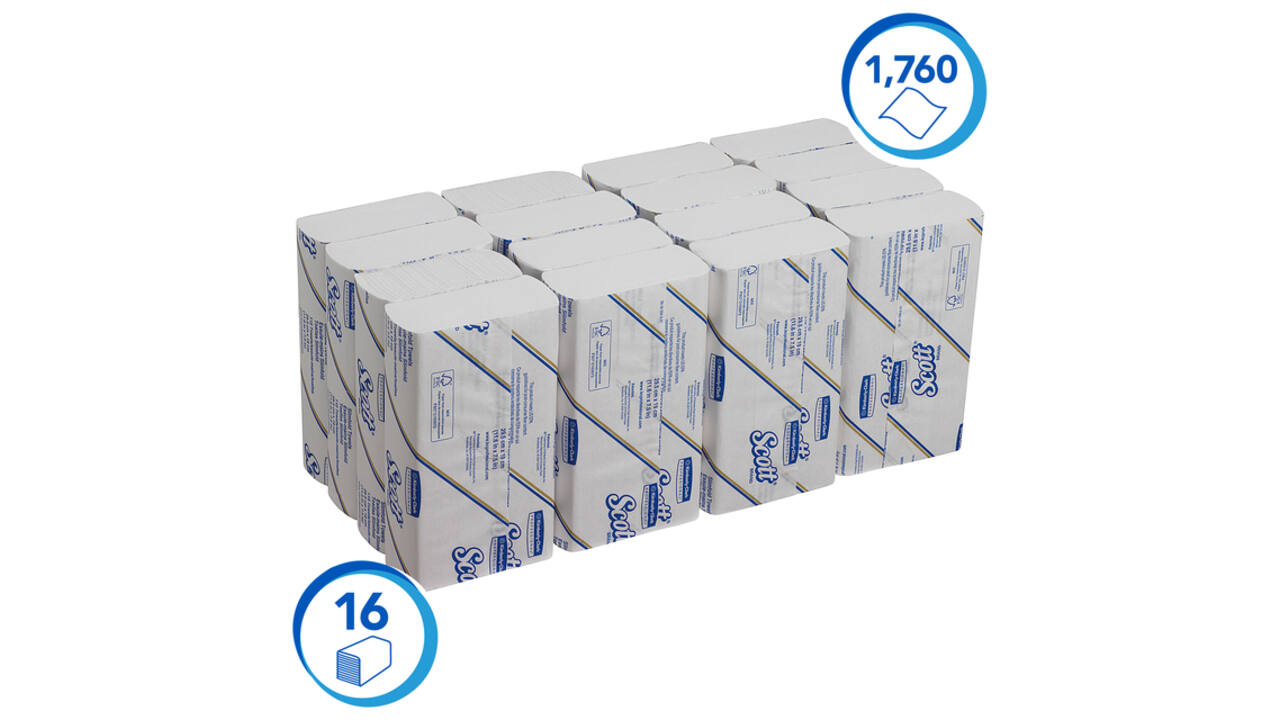 Handdoek Scott Slimfold m-vouw 1-laags 190x300mm 16x110 vel wit 5856