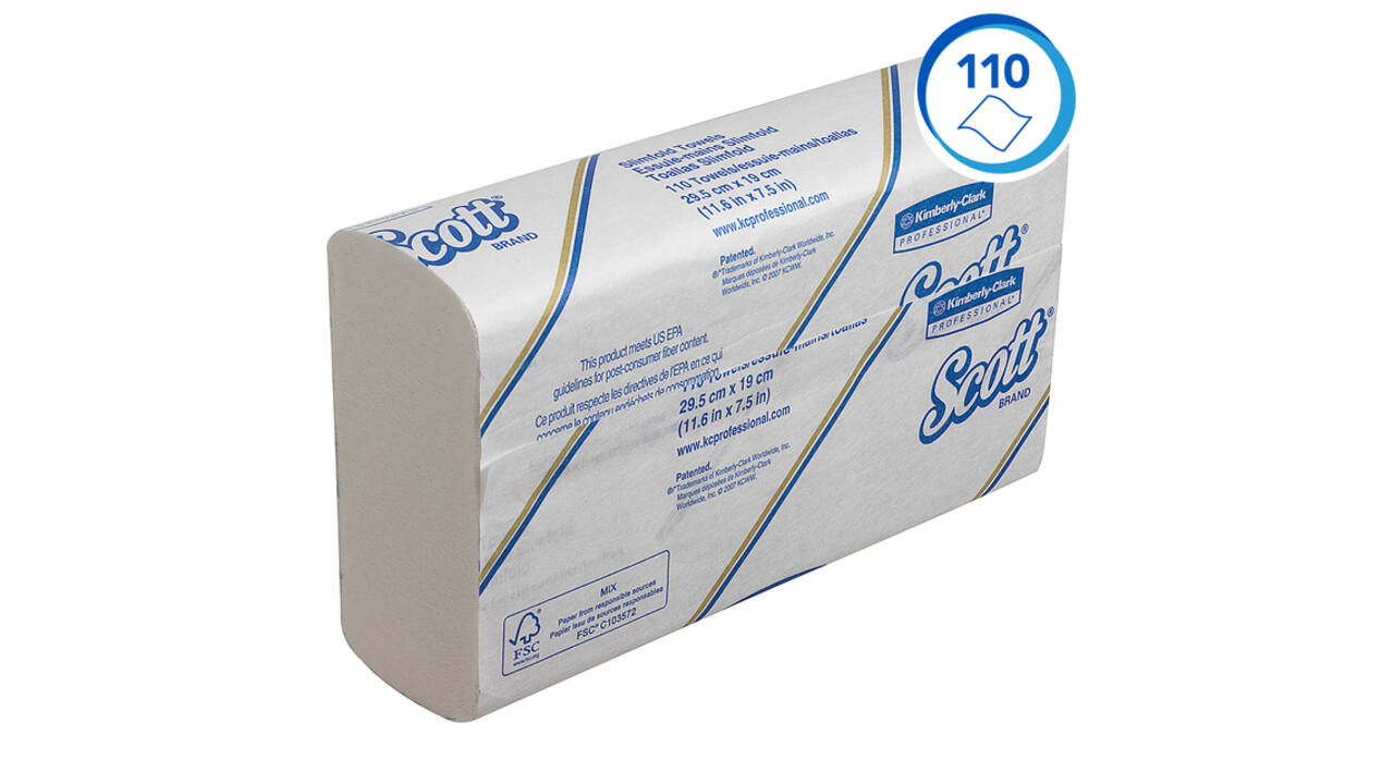 Handdoek Scott Slimfold m-vouw 1-laags 190x300mm 16x110 vel wit 5856