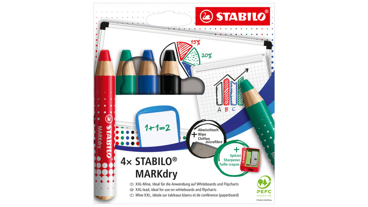 Whiteboardpotlood STABILO MARKdry 648/4 + slijper-microvezel ass 4st