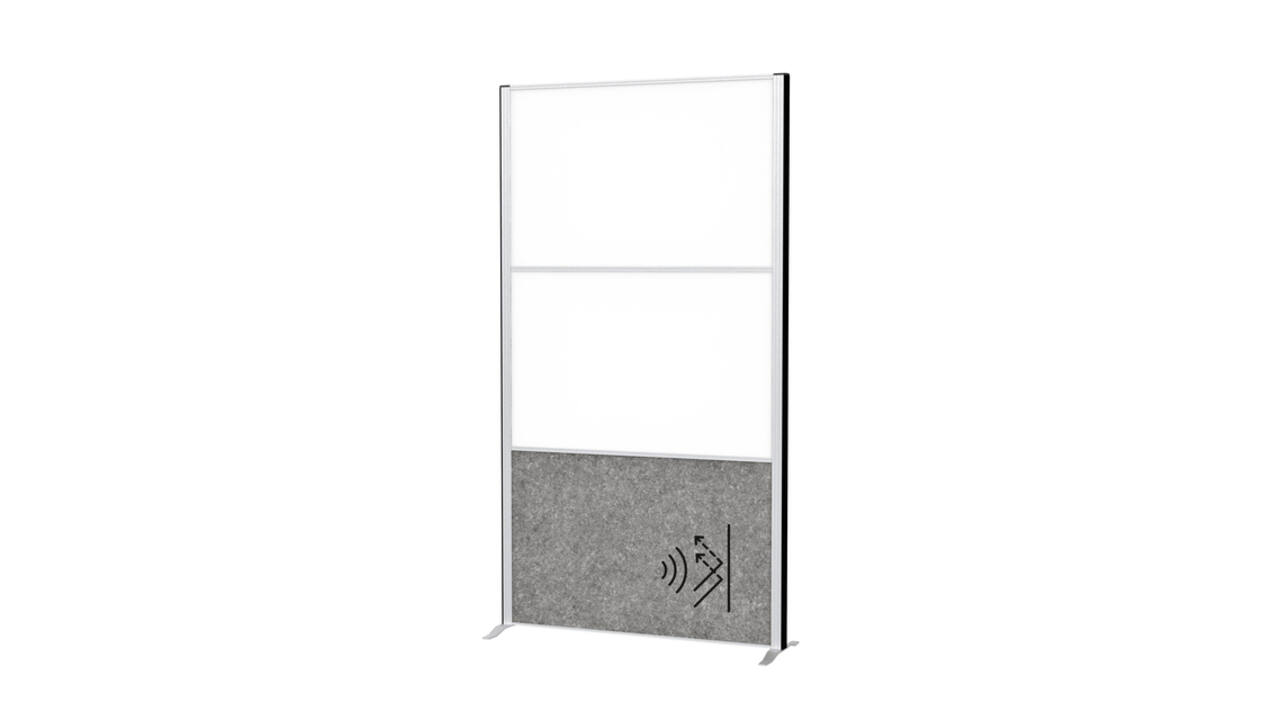 Scheidingswand MAUL akoestiek 100x180 2x whiteb. 1x donkergr alum.frame op voet