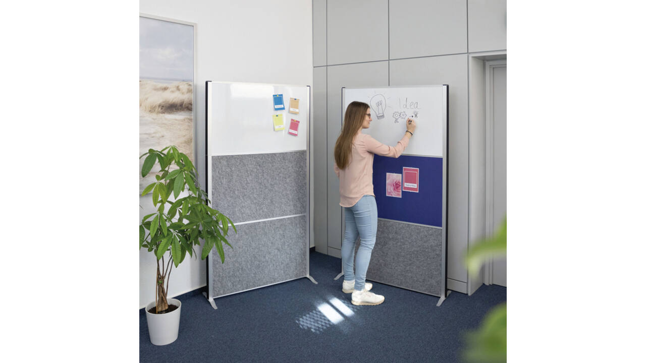 Scheidingswand MAUL akoestiek 100x180 2xdonker- 1xwhiteboard alum.frame op voet
