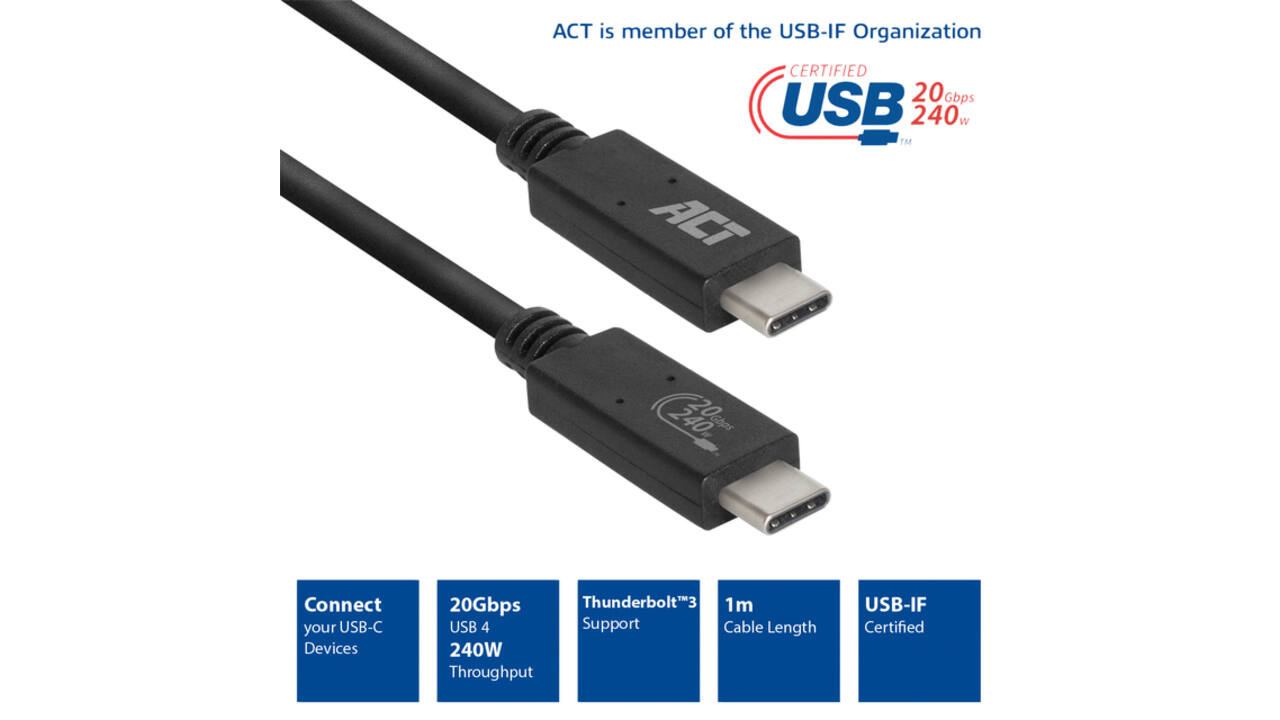 Kabel ACT USB-C USB 4 20Gbps Thunderbolt3 1 meter