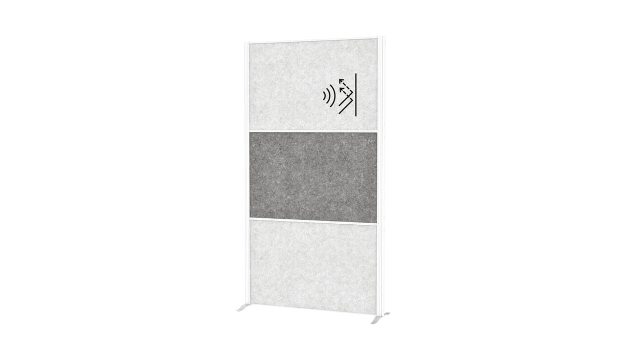 Scheidingswand MAUL akoestiek 100x180 2x licht- 1x donkergrijs wit frame op voet