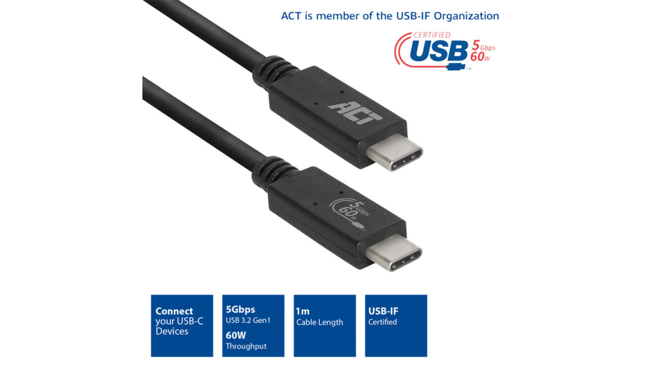 Kabel ACT USB 3.2 USB-C USB-IF gecertificeerd 1 meter