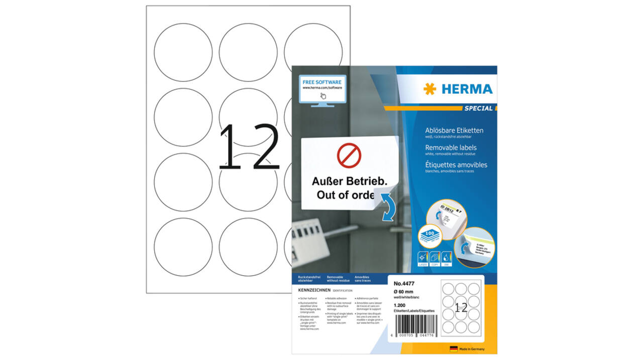 Etiket HERMA 4477 60mm verwijderbaar wit 1200 stuks