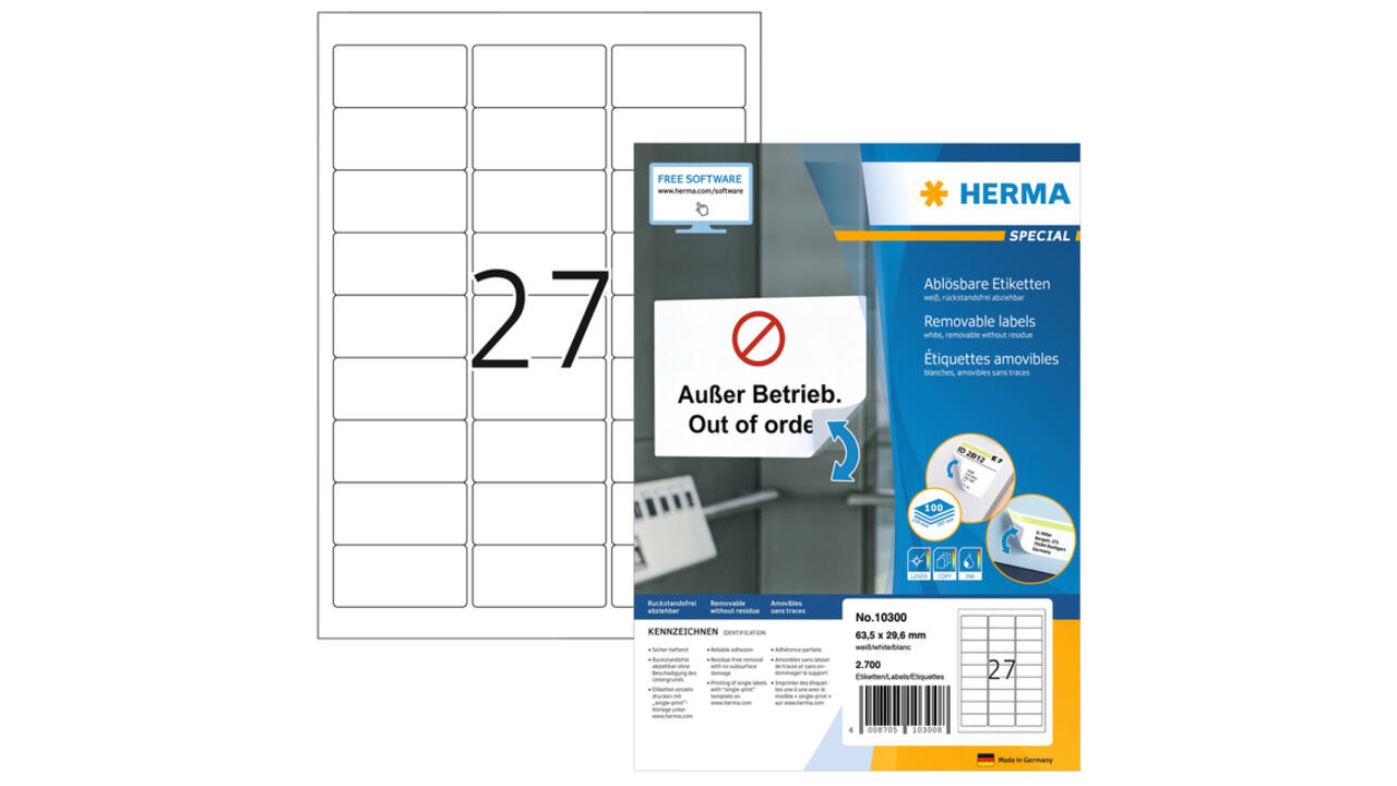 Etiket HERMA 10300 63.5x29.6mm verwijderbaar wit 2700 stuks