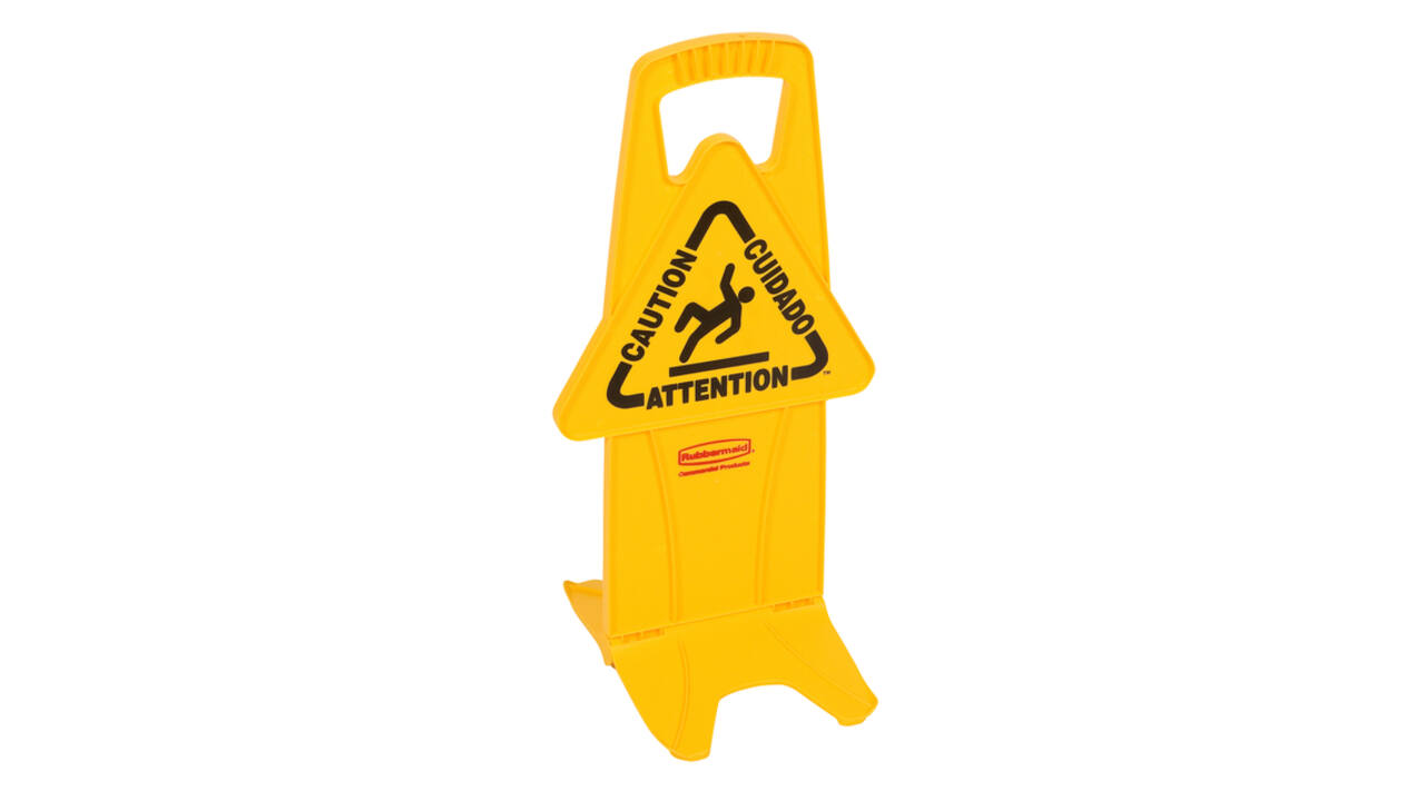 Waarschuwingsbord Rubbermaid tweezijdig meertalig met voet 66cm geel