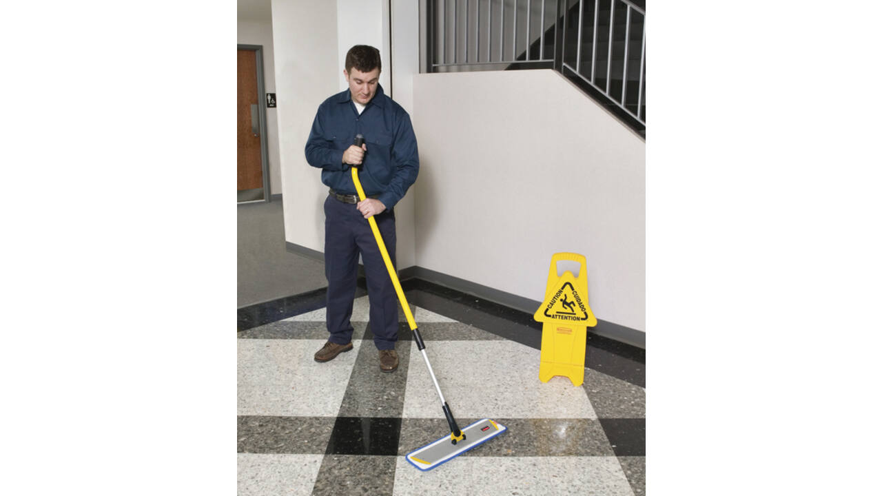 Waarschuwingsbord Rubbermaid tweezijdig meertalig met voet 66cm geel