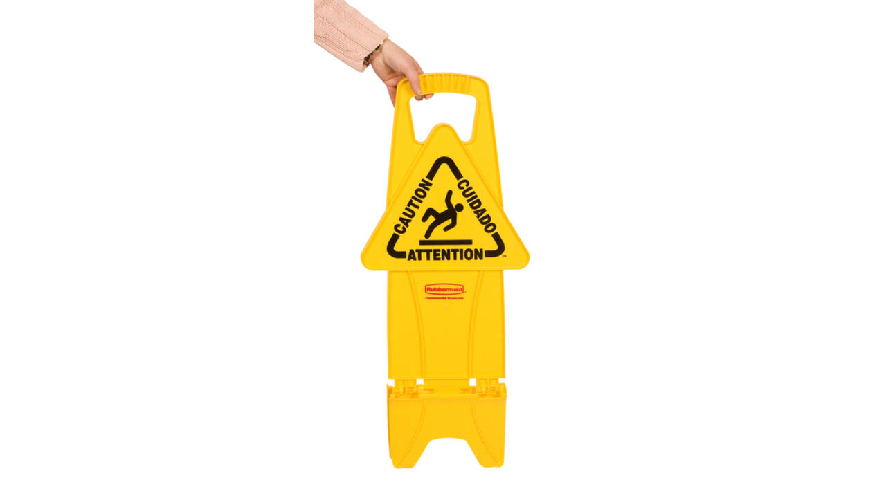 Waarschuwingsbord Rubbermaid tweezijdig meertalig met voet 66cm geel