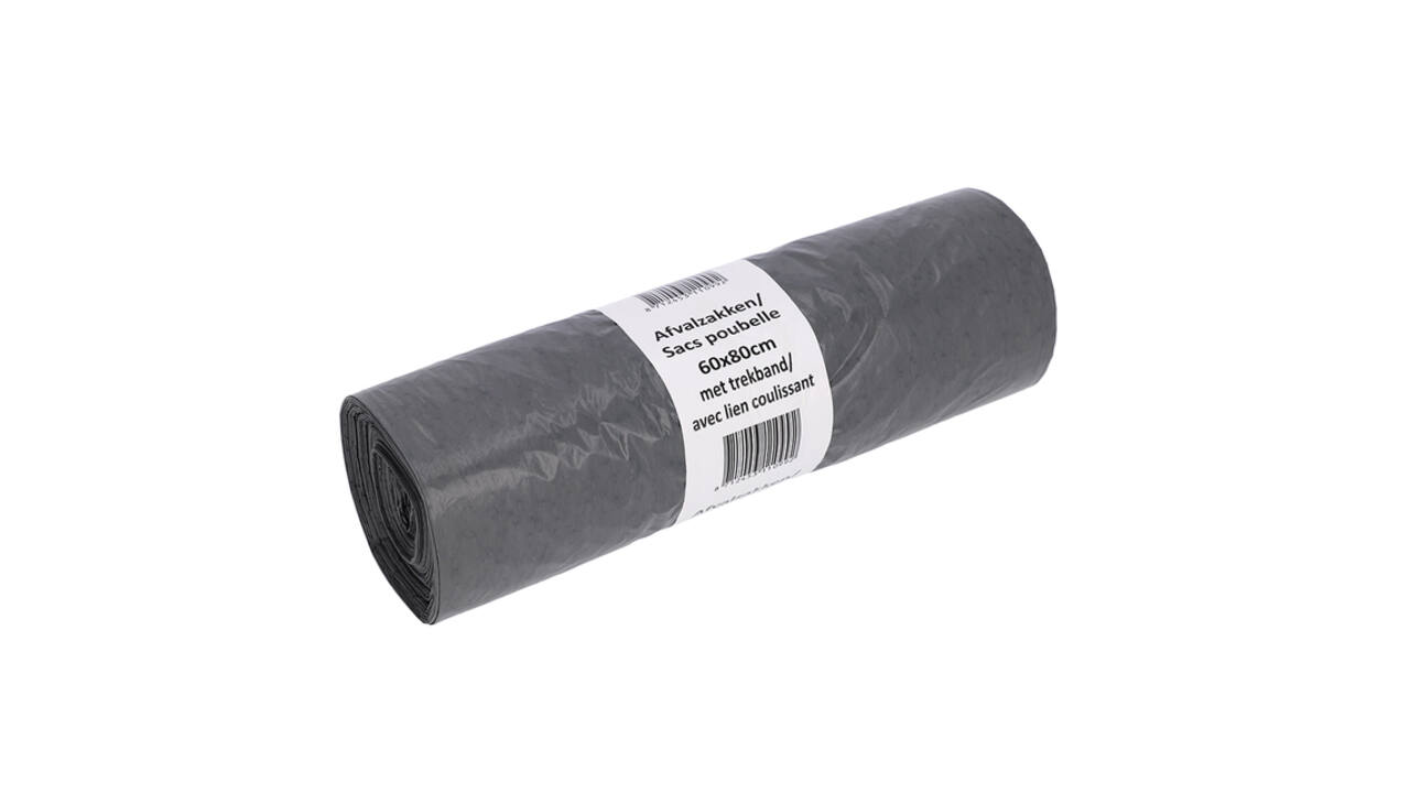 Afvalzak Cleaninq 60x80cm LDPE recycled T30 60L met trekband grijs rol à 25 stuks