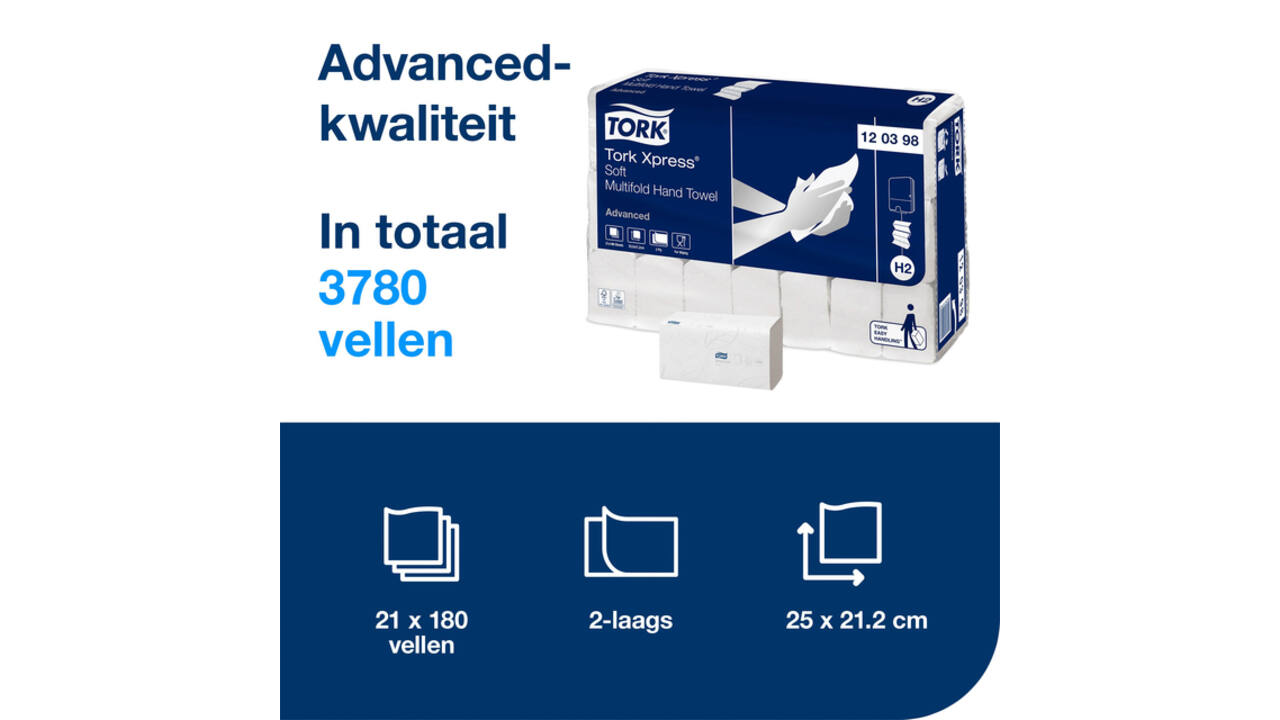 Handdoek Tork H2 Xpress Advanced multifold 2-laags 212x255mm 21x180 vel wit 120398