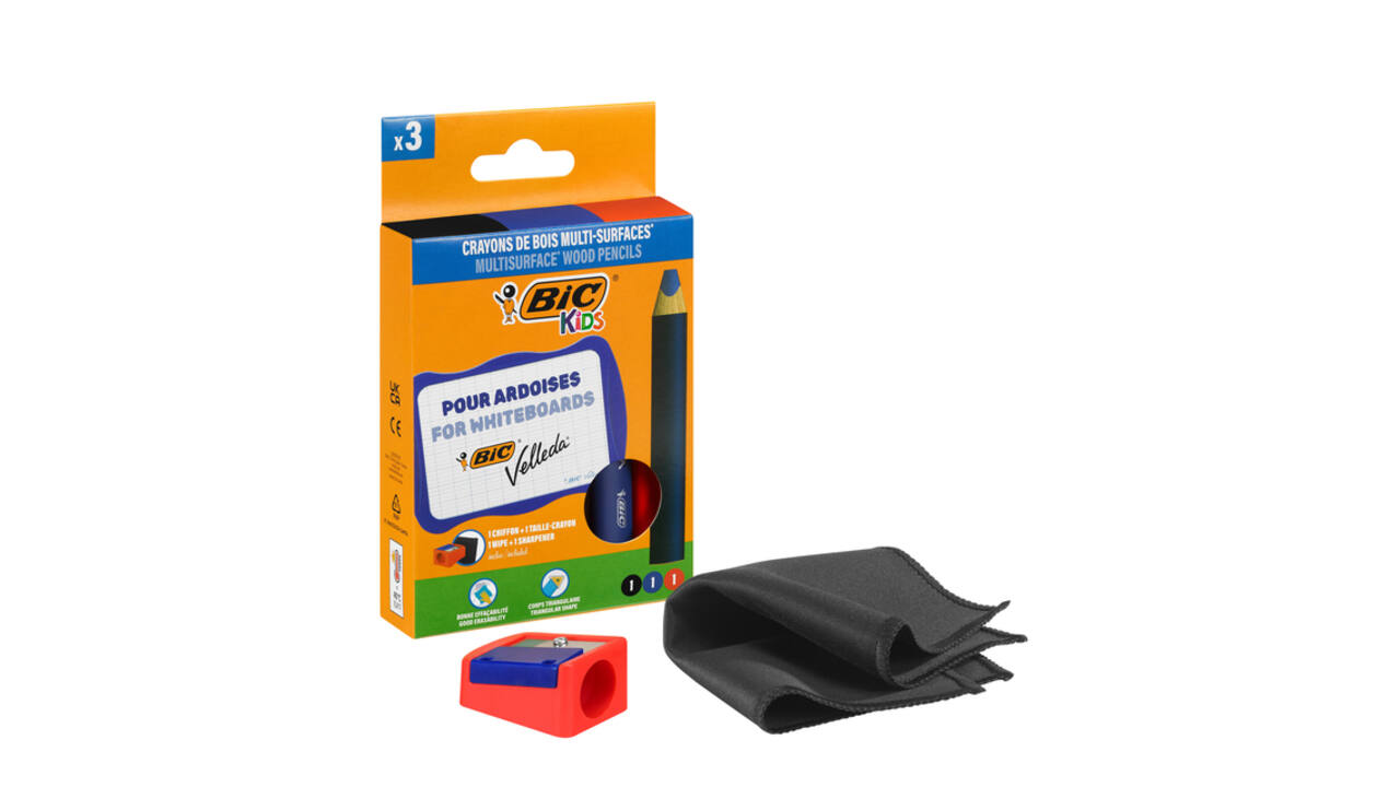 Whiteboardpotlood BicKids Multi Surface + puntenslijper/doekje ass 3st