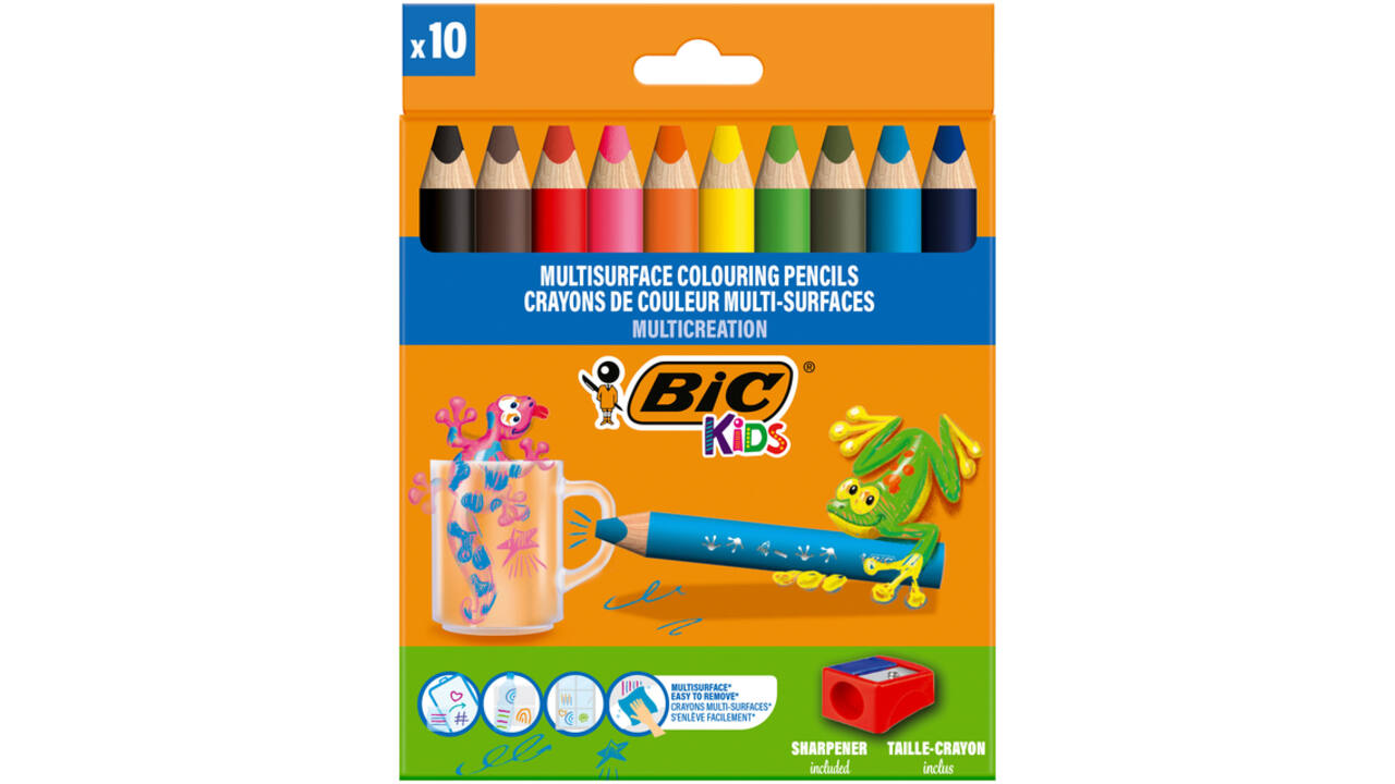 Kleurpotloden BicKids Multi Surface + puntenslijper assorti 10 stuks