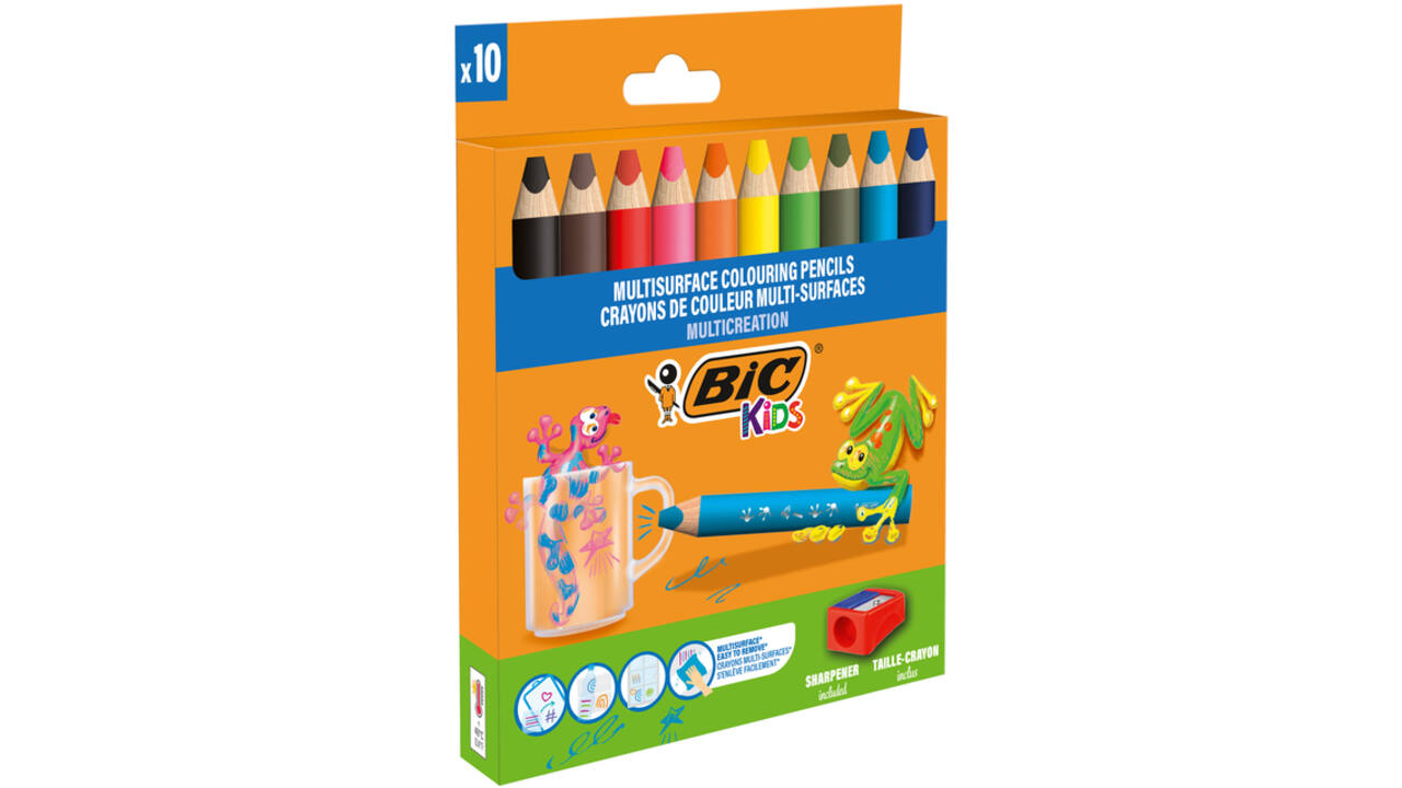 Kleurpotloden BicKids Multi Surface + puntenslijper assorti 10 stuks