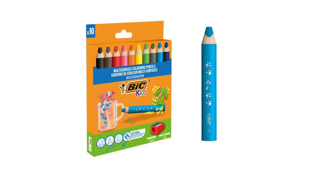 Kleurpotloden BicKids Multi Surface + puntenslijper assorti 10 stuks
