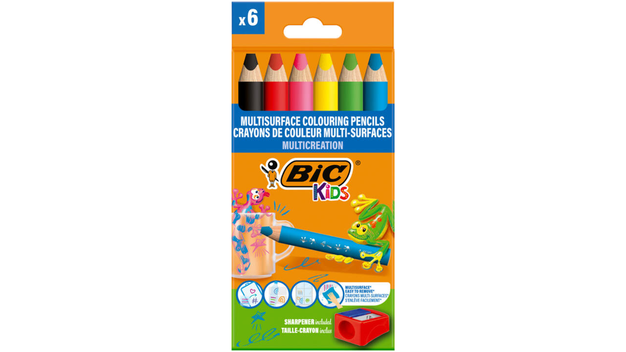 Kleurpotloden BicKids Multi Surface + puntenslijper assorti 6 stuks