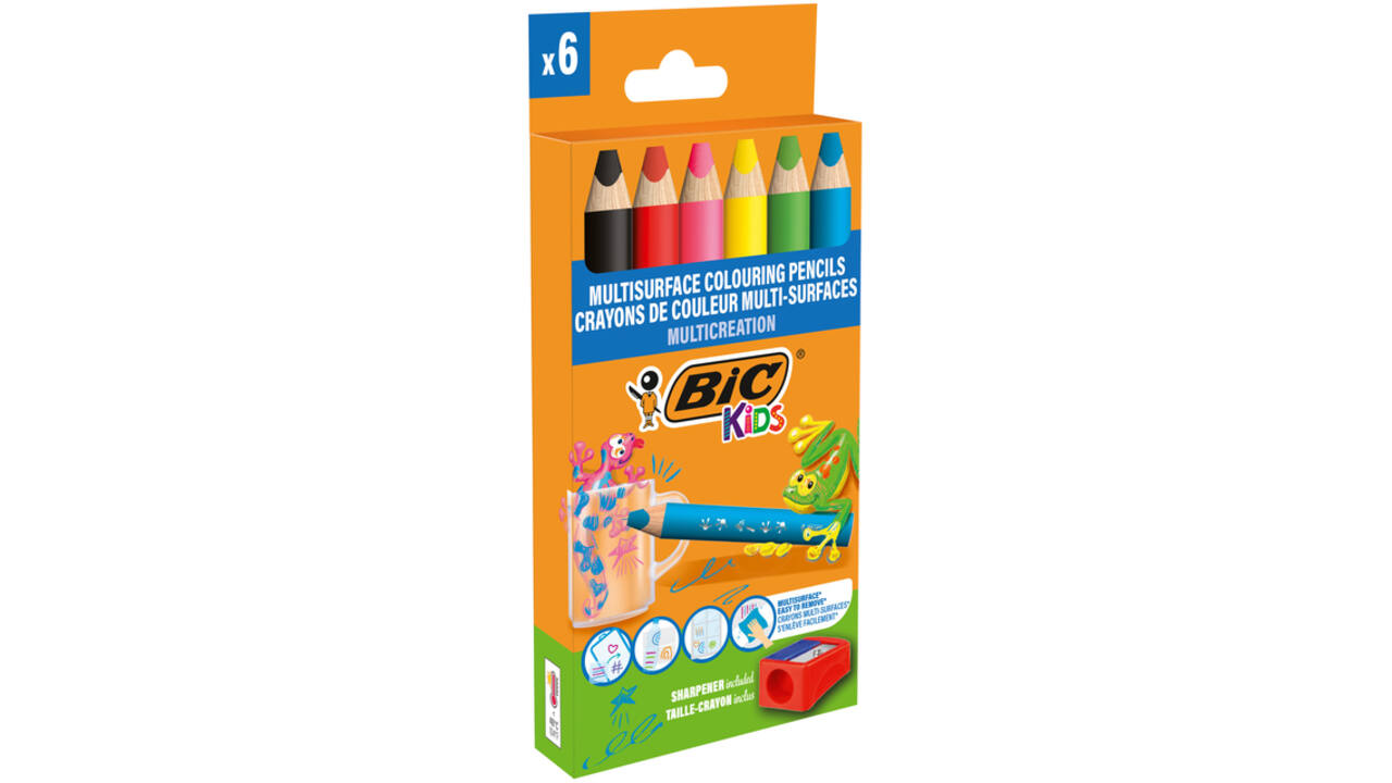 Kleurpotloden BicKids Multi Surface + puntenslijper assorti 6 stuks