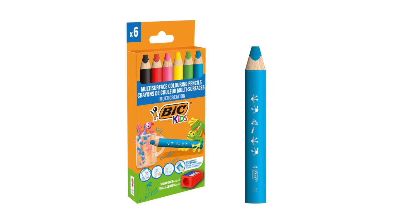 Kleurpotloden BicKids Multi Surface + puntenslijper assorti 6 stuks