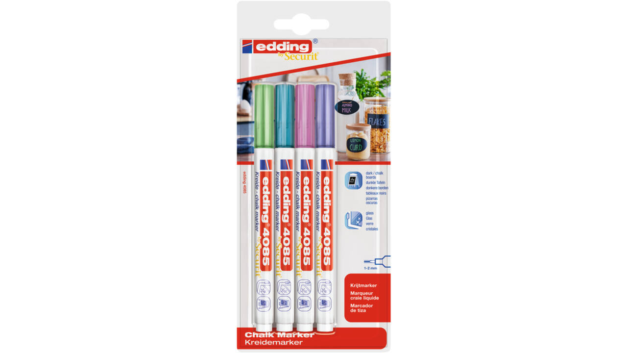 Krijtstift edding 4085 by Securit rond 1-2mm mtl assorti blister à 4st