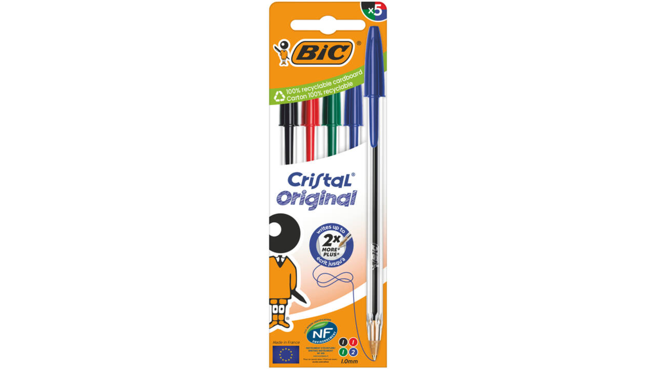 Balpen Bic Cristal medium assorti blister à 5 stuks
