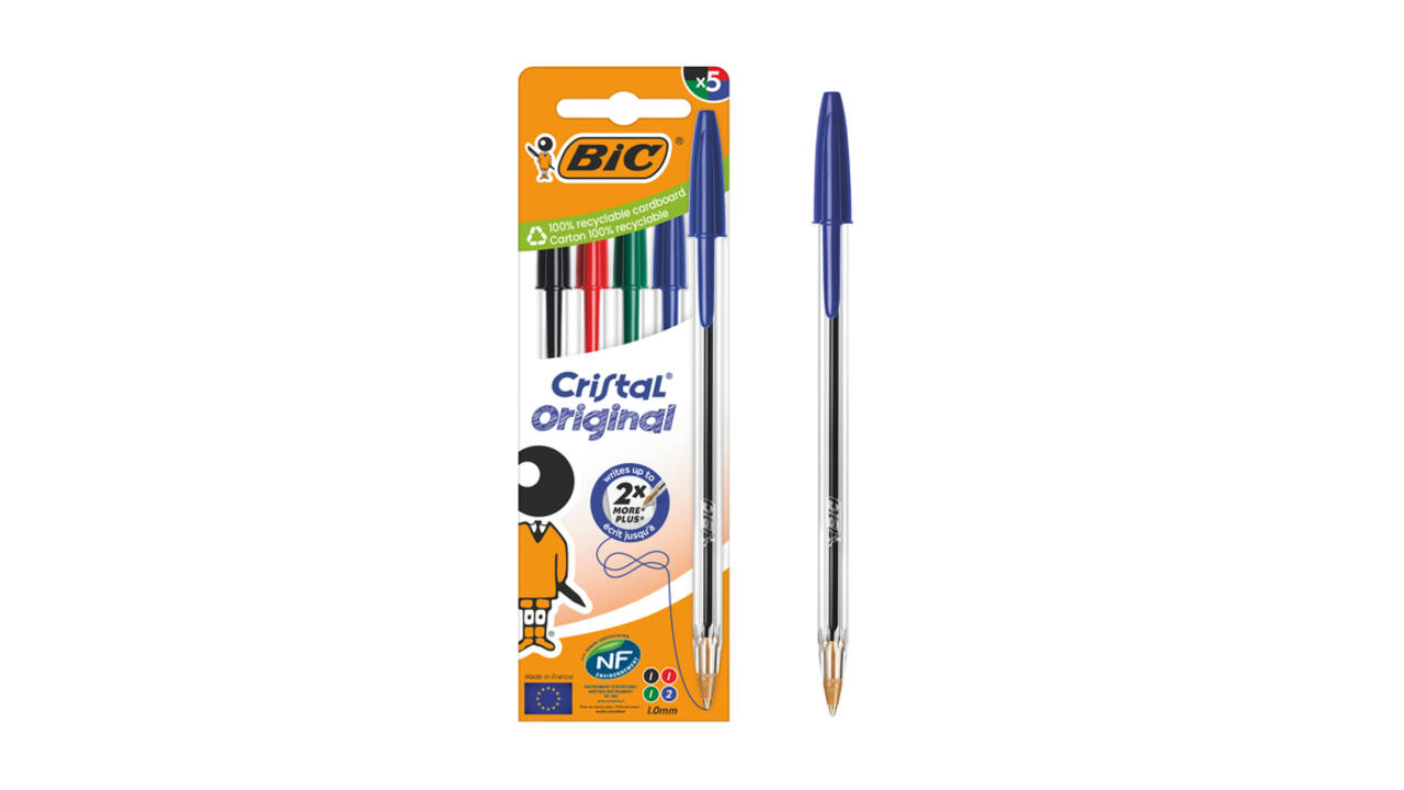 Balpen Bic Cristal medium assorti blister à 5 stuks