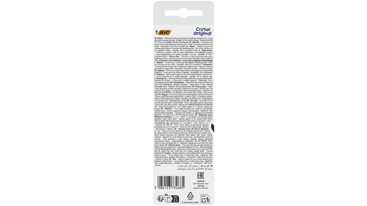 Balpen Bic Cristal medium assorti blister à 5 stuks