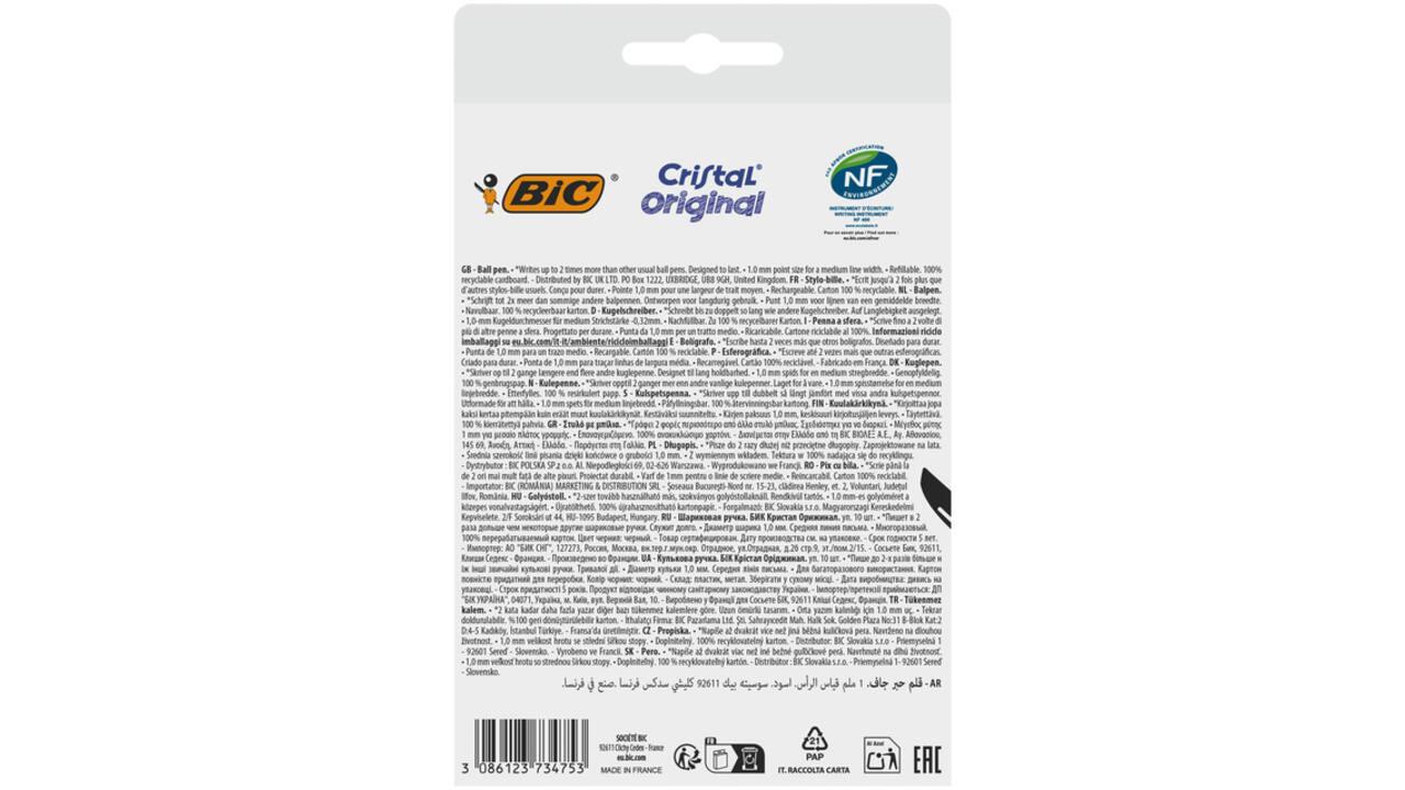 Balpen Bic Cristal medium zwart blister à 10 stuks