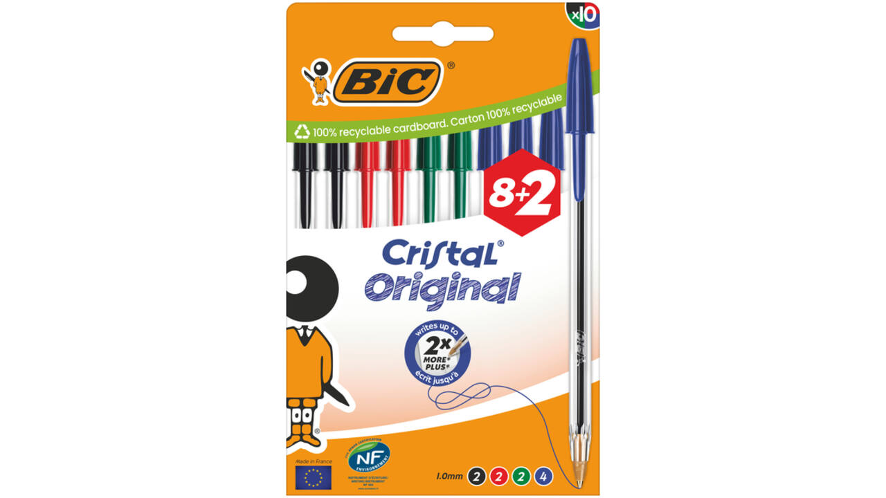 Balpen Bic Cristal medium assorti blister à 8+2 gratis