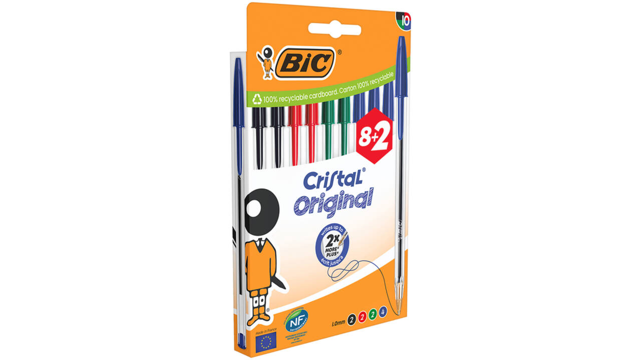 Balpen Bic Cristal medium assorti blister à 8+2 gratis