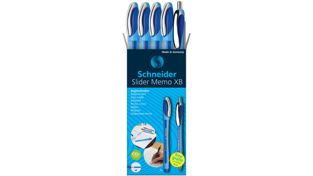 Balpen Schneider Slider Memo XB  blauw 4st + 1 gratis Slider balpen