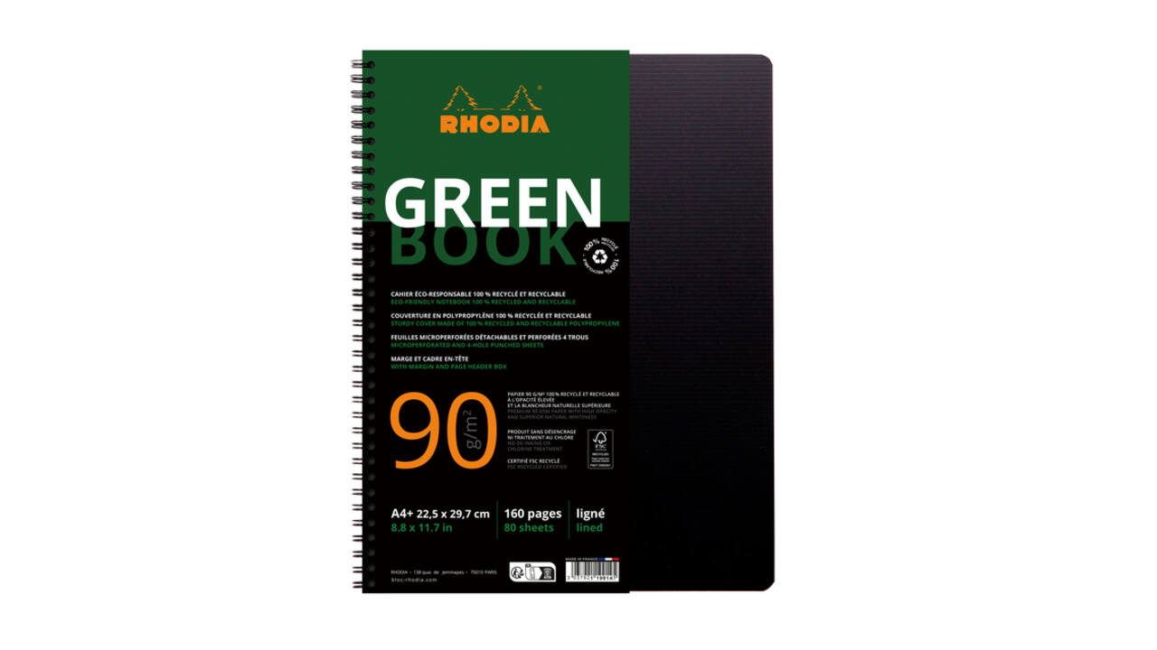 Notitieboek Rhodia Greenbook A4+ lijn 4-gaats 180 pagina's 90gr zwart