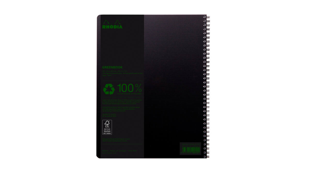 Notitieboek Rhodia Greenbook A4+ lijn 4-gaats 180 pagina's 90gr zwart