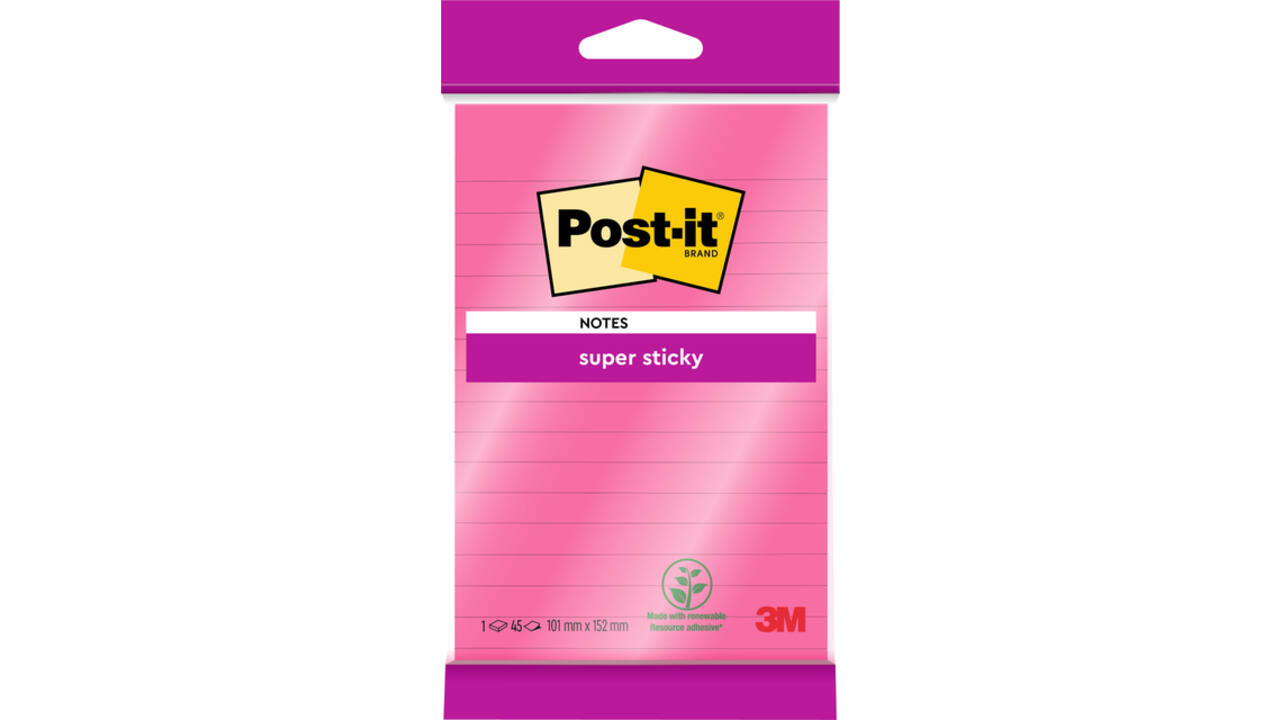 Memoblok 3M Post-it 4645 Super Sticky 101x152mm lijn roze
