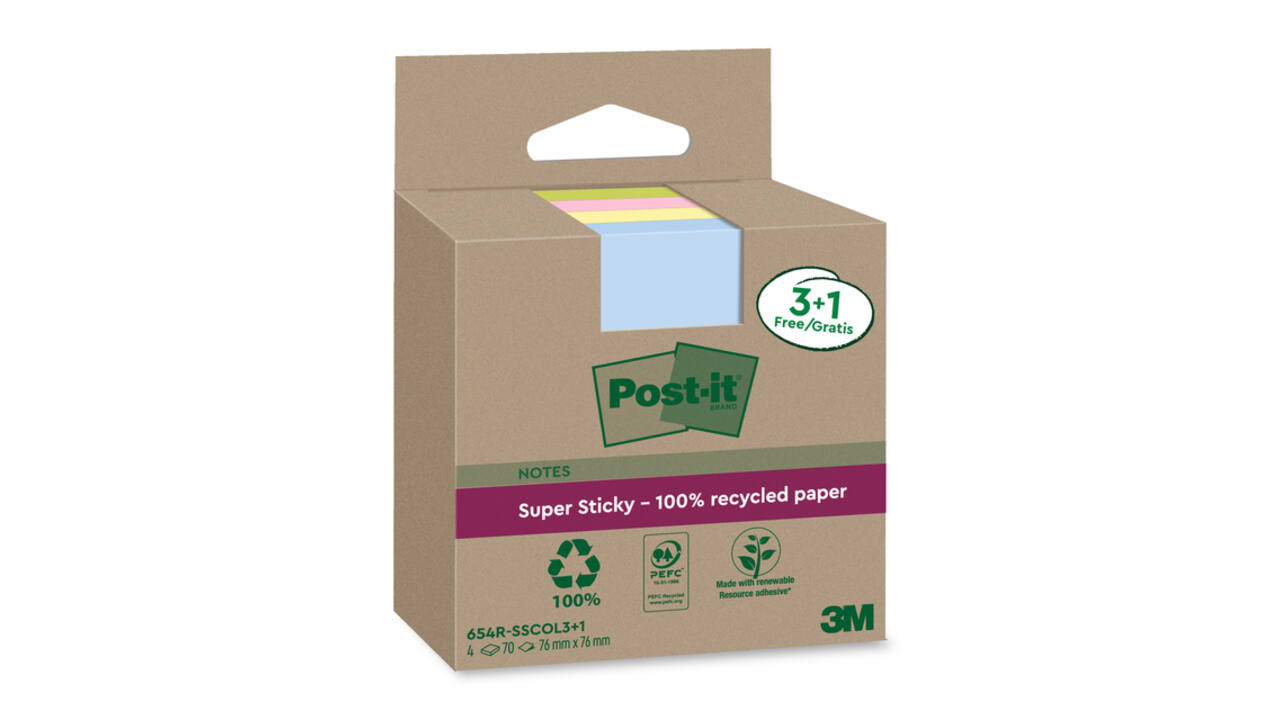 Memoblok 3M Post-it 654 RSSCOL 76x76mm assorti kleur 3+1 gratis