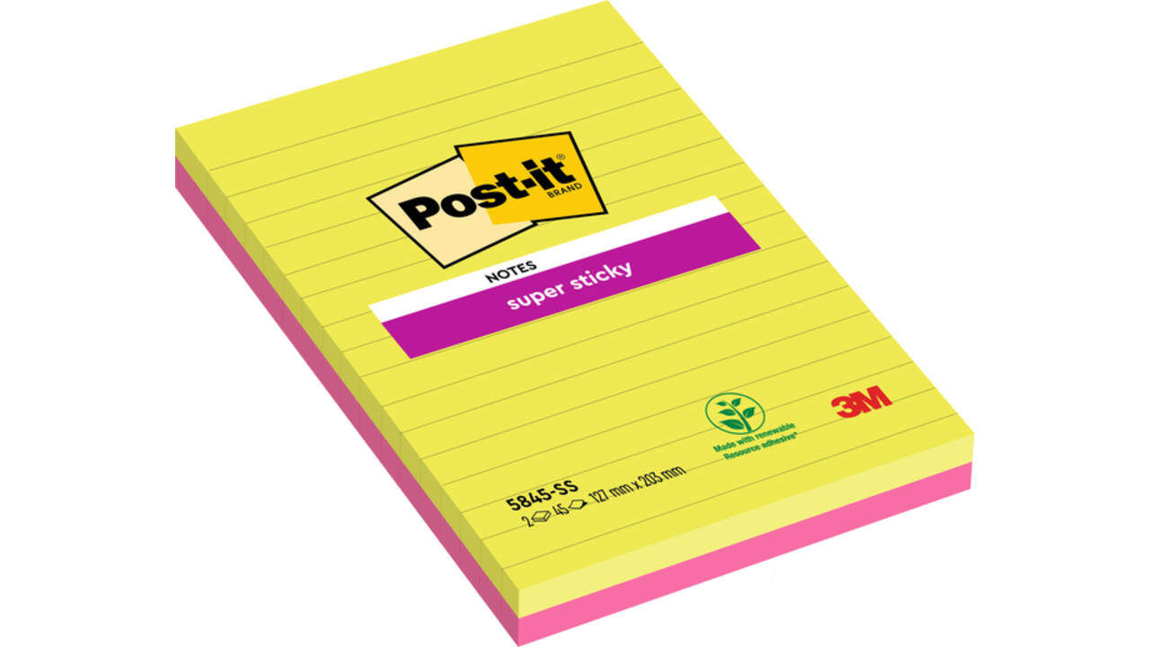 Memoblok 3M Post-it 5845 Super Sticky 127x203mm lijn assorti kleur 90 vel