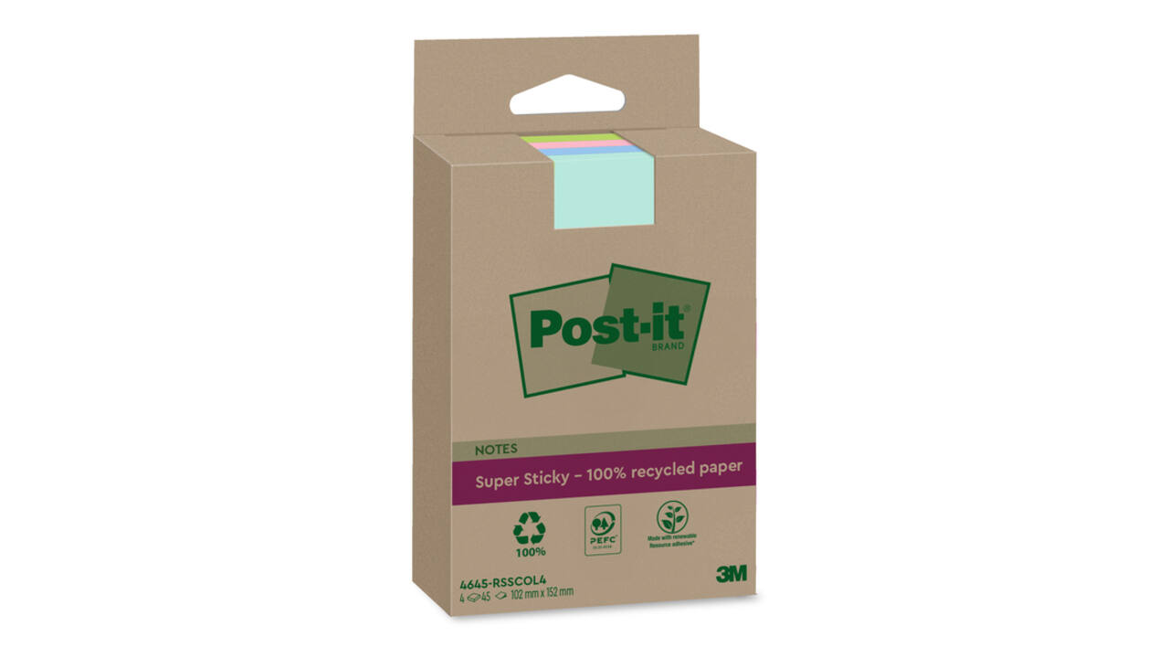Memoblok 3M Post-it 4645-RSSCOL4 Super Sticky 102x152mm ass. Kleur 4 stuks